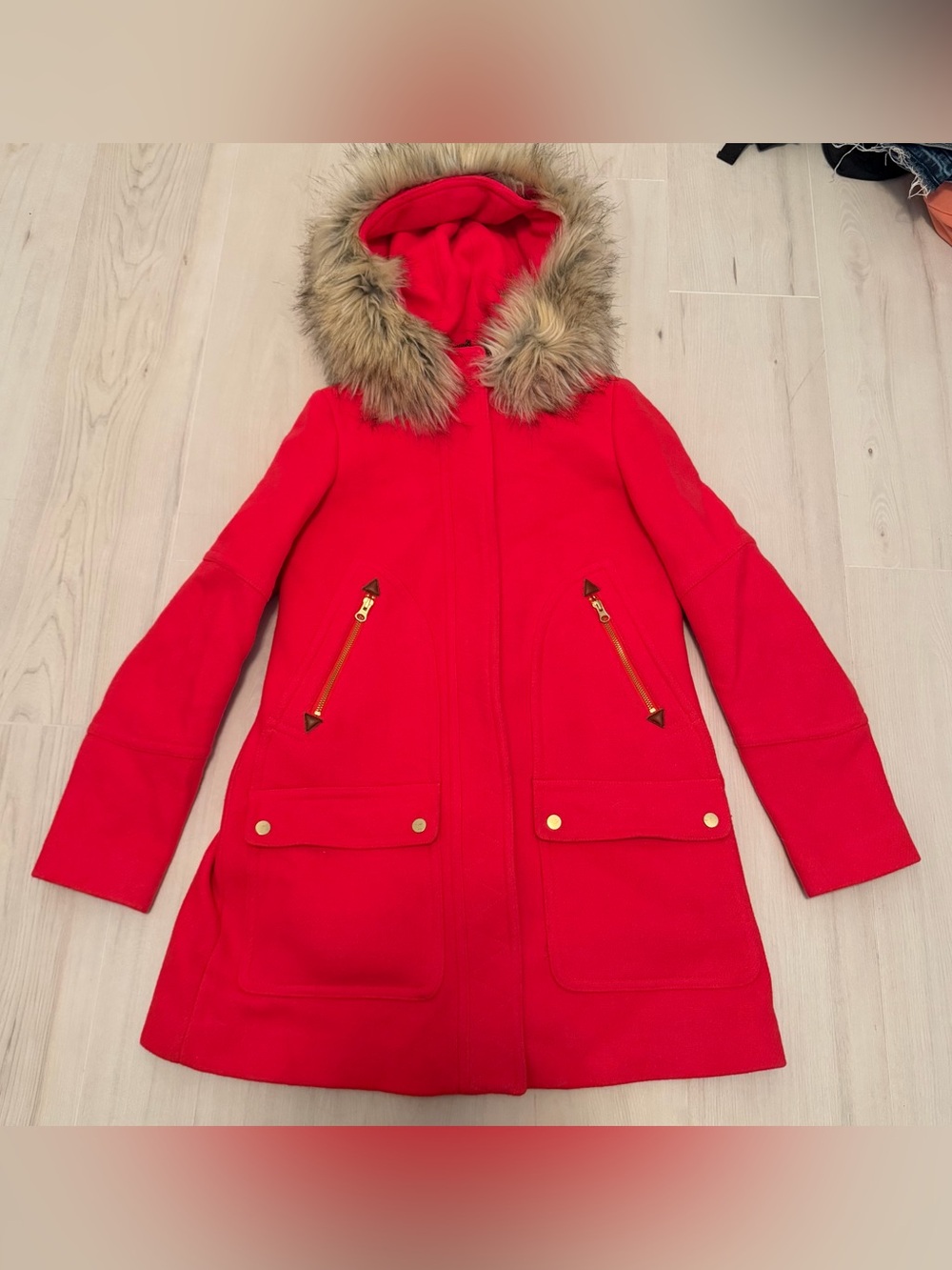 J. Crew Red Hooded Coat with Faux Fur Trim